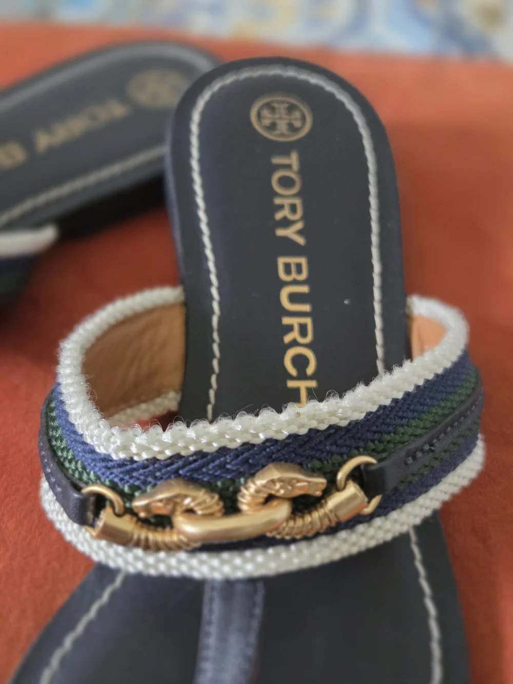 Tory Burch Navy Braided-Trim Chain Thong Sandals